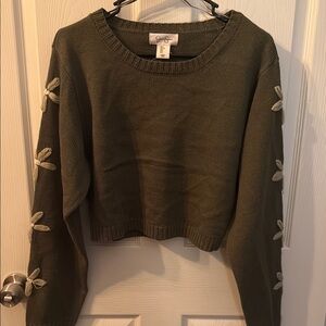 Jessica Simpson Olive Green Crew Neck Sweater with Sleeve Details